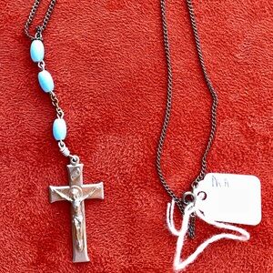 Artisan SILVER CROSS With Blue Rosary Beads Chain NECKLACE